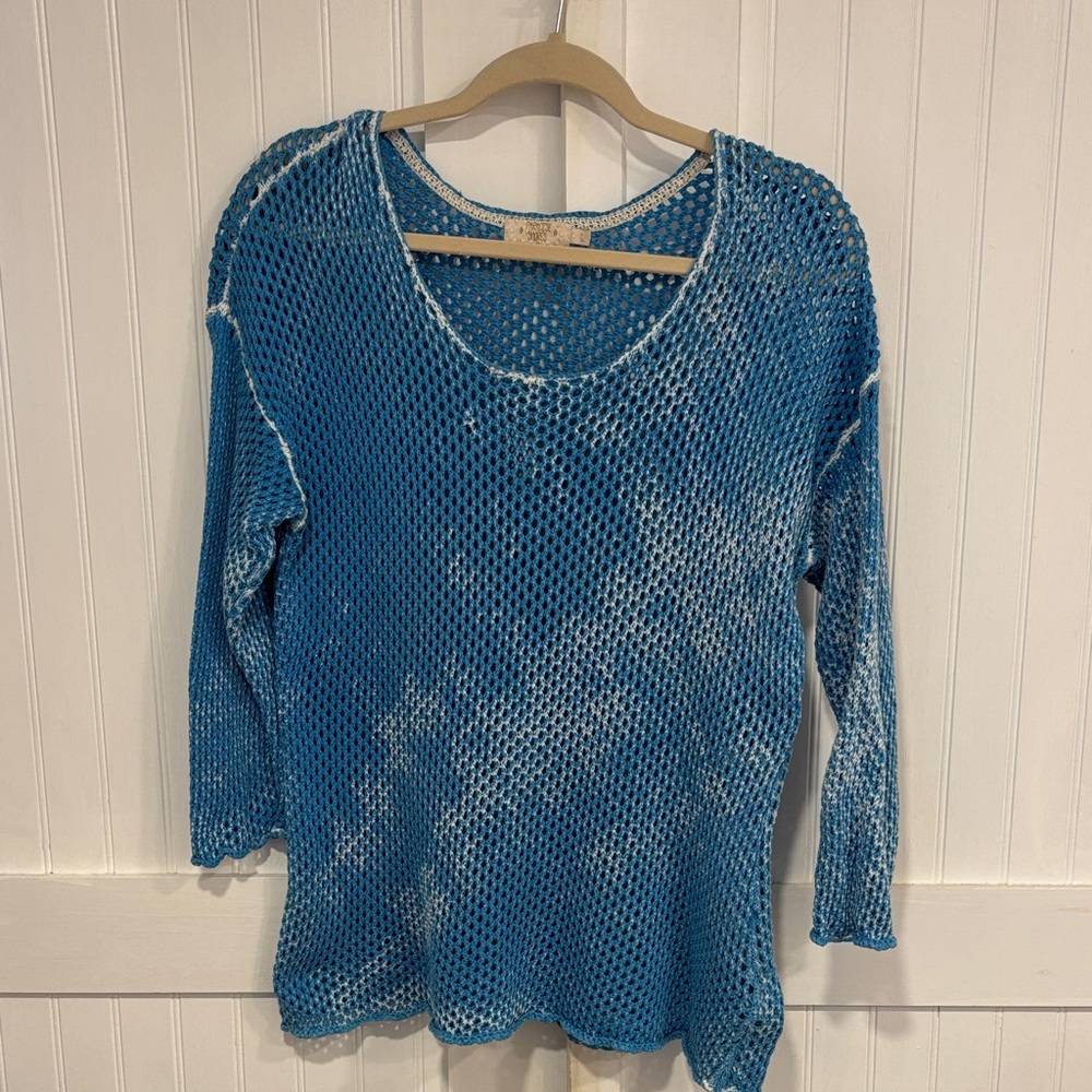 Paradise shores: pretty Ocean Blue Mesh Knit Women's Long Sleeve Top size L